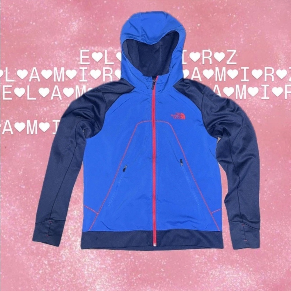 North Face blue and navy with red accents and thumb holes zip up jacket